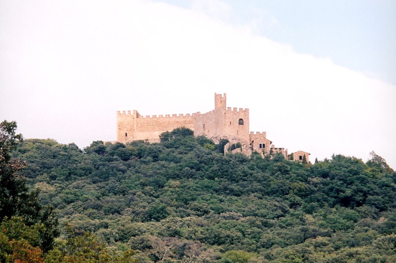 El castell de Requesens, amb muralles emmerletades i torres, dalt d'un turó cobert de bosc, al terme de la Jonquera