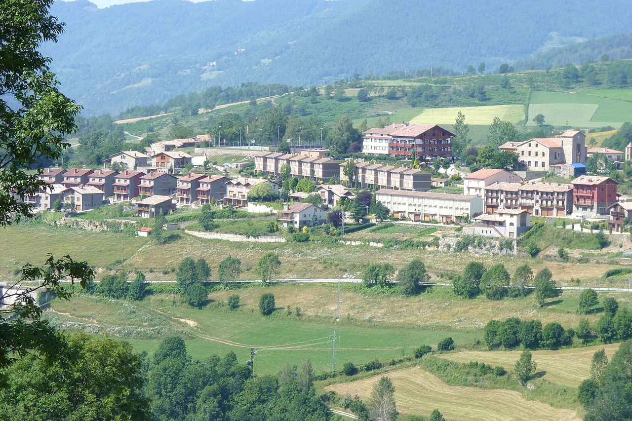 Molló estès en un vessant verd, amb cases en filera i edificis de pedra, prats i camps davant i muntanyes de bosc al fons