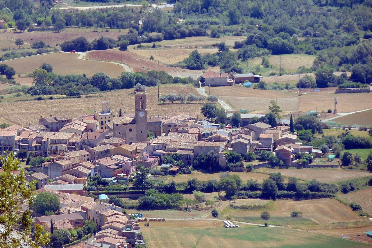 El poble de Montagut, a Montagut i Oix, vist des de dalt: les cases, el campanar i els camps que l'envolten