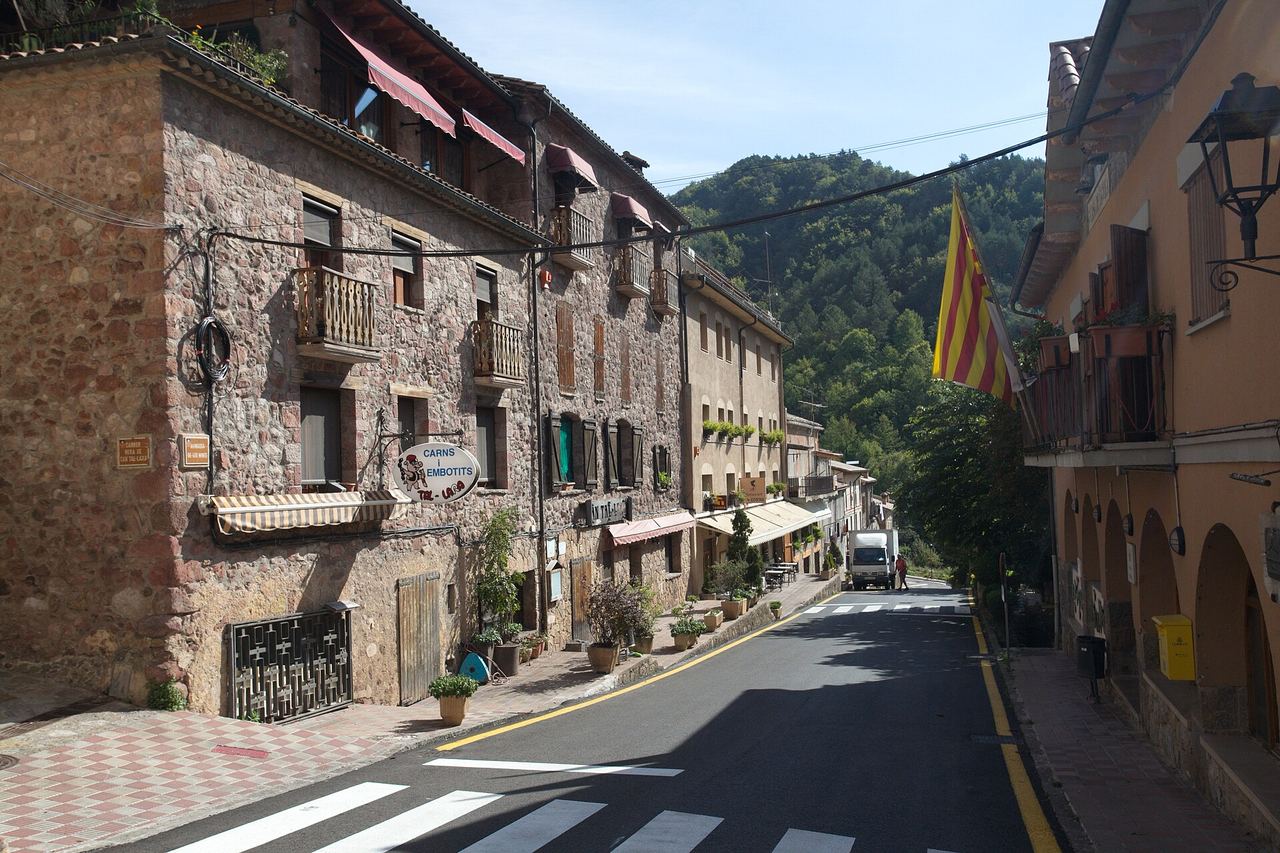 Un carrer d'Ogassa amb cases de pedra, balcons i tendals, una senyera penjada i una muntanya boscosa al fons
