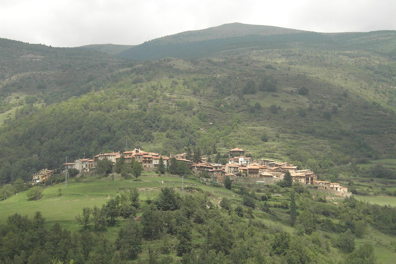 Pardines de lluny: cases de teulada vermella arrenglerades en un vessant verd, sota una muntanya i un cel ennuvolat