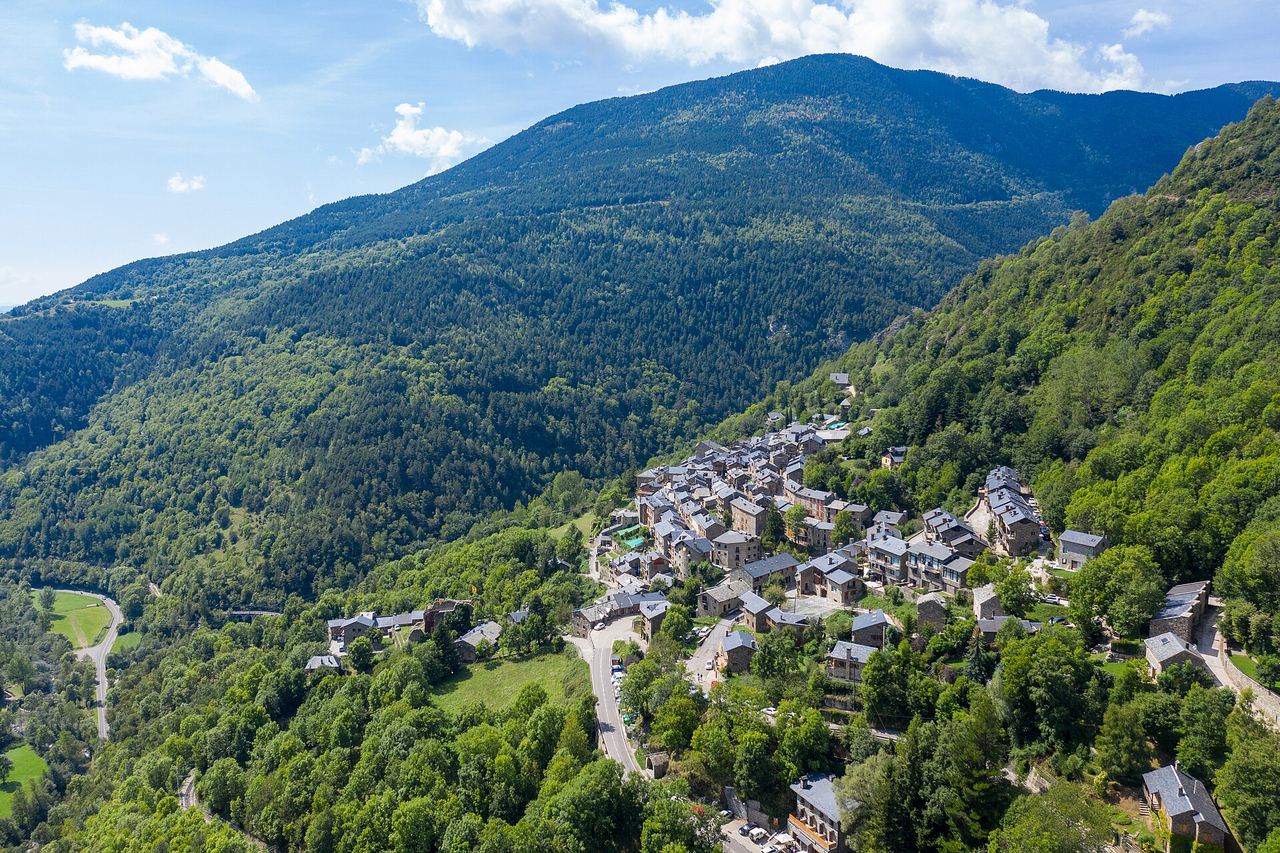 Queralbs des de dalt: cases de pedra amb teulades grises en un vessant boscós, amb una muntanya al fons