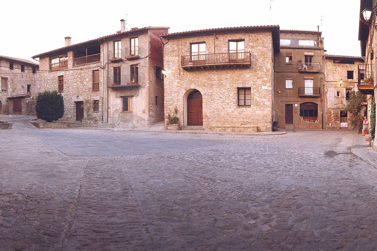 La plaça del Gambeto de Riudaura, empedrada, amb cases de pedra i la façana de l'ajuntament al centre