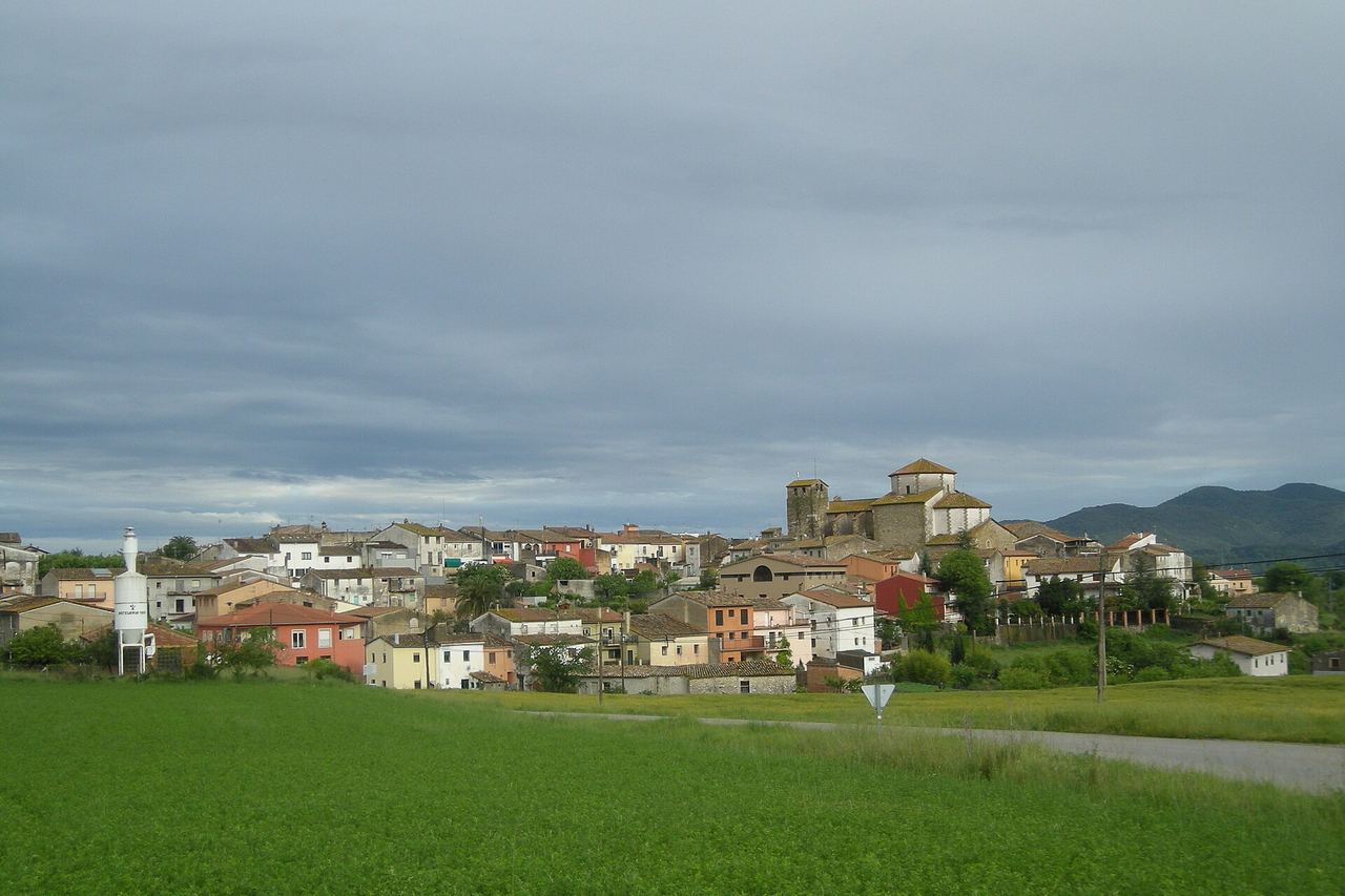 Tortellà vist des dels camps, amb cases de colors que pugen fins a l'església i un cel gris i ennuvolat